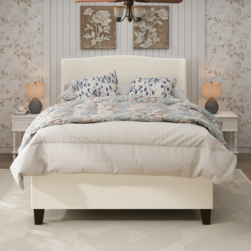 Bed Frame with High Back Upholstered Headboard, Queen, White