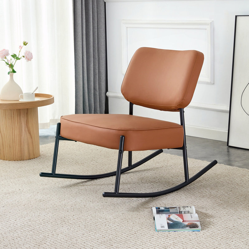 Chaise berçante large sans accoudoirs de 25 po avec dossier et pieds en métal doré Rairick, Polyuréthane brun