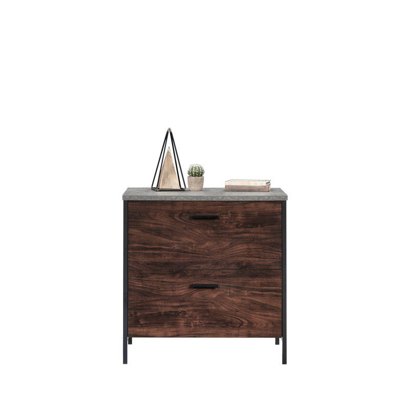 Classeur latéral avec teinte noyer foncé, glissières à pleine extension pour un accès facile, motif décoratif gris-brun, fonction de verrouillage, bureau à domicile polyvalent ou zones de vie, grande surface d'exposition supérieure, livré