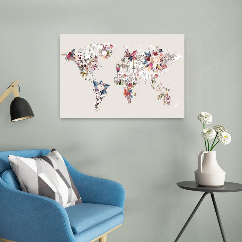 Art contemporain abstrait «World Map Flowers Light», H 16 po x l 24 po
