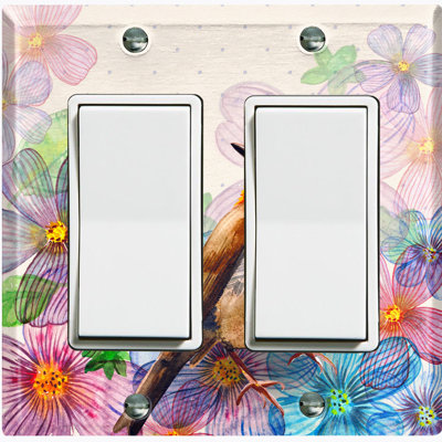 Metal Light Switch Plate Outlet Cover (Colourful Flower Bird Paint Polka Dot Pink - Single Toggle)