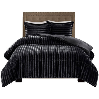 Full/Queen Faux Fur Comforter - Black , Cozy & Fashionable Bed Mini , Warmth