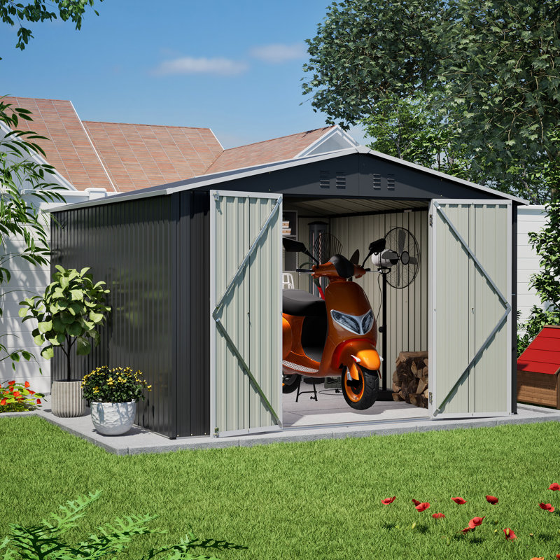 Outdoor 10x10 Ft Black Metal Utility Shed, Updated Heavy - Duty Frame, Lockable Double Doors, All Weather For Backyard Tools, Galvanized Steel With Waterproof And Ventilation Openings Large Storage