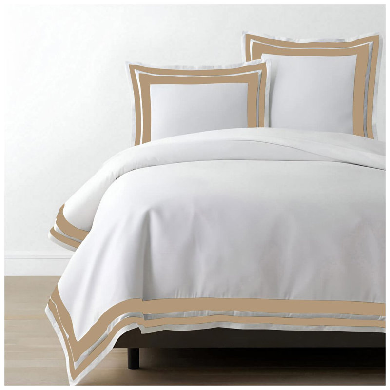 400TC Cotton Sateen Double Border Frame Duvet Cover Set, Queen Duvet Cover, White/Taupe