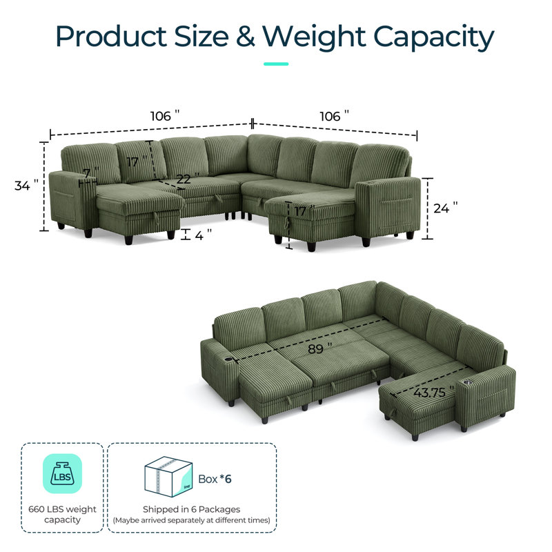  Sherry 106" Upholstered Modular Corner Sectionals with Pull-out Sofa, Storage, USB Charging & Cup Holders