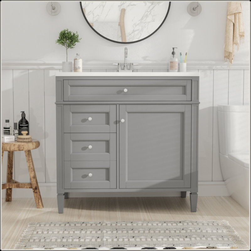 Meuble-lavabo de 36 po avec lavabo supérieur, meuble-lavabo moderne avec 2 tiroirs et tiroir escamotable, meuble-lavabo simple