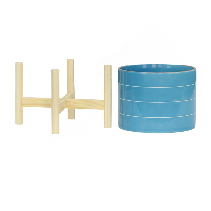 PLATEAU RAYÉ 8 "AVEC SUPPORT EN BOIS, SKYBLUE