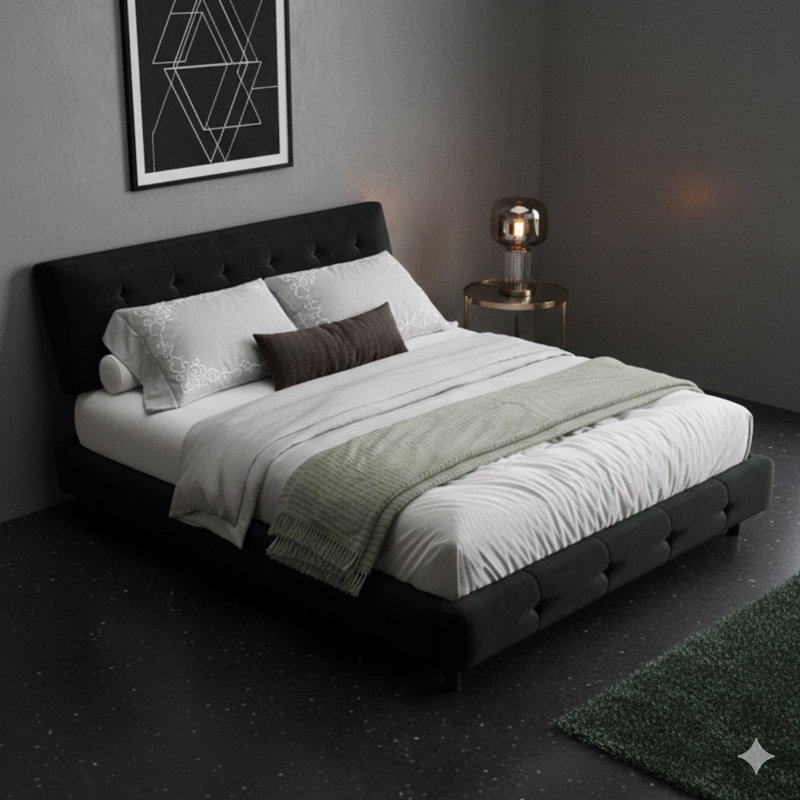 Structure de lit grand, comprenant une tête de lit surdimensionnée ultra-douce en forme de coussin «Cloud», un lit plateforme en chenille avec support de lattes en métal et en bois, solide et silencieux, dans une finition noire.