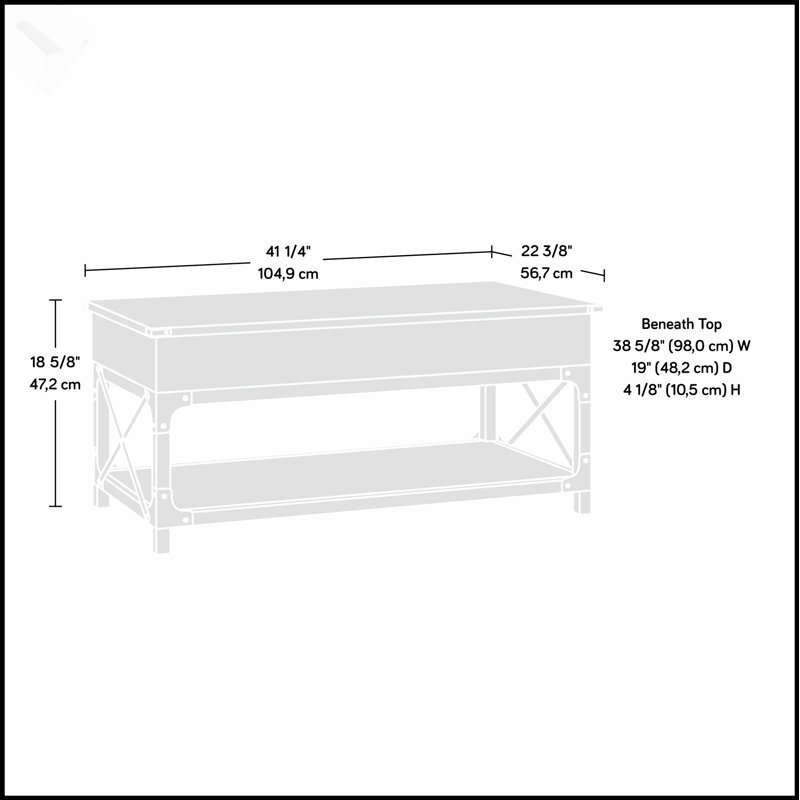 Table basse industrielle à plateau relevable avec rangement dissimulé et tablette ouverte, parfaite pour les espaces de vie modernes.