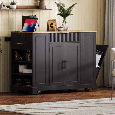 Îlot de cuisine cannelé avec armoire de rangement pour poubelle, prise de courant, support de rangement interne, îlots de cuisine roulants sur 5 roues avec 3 tiroirs, 3 supports latéraux ouverts pour poubelle de 10 gallons