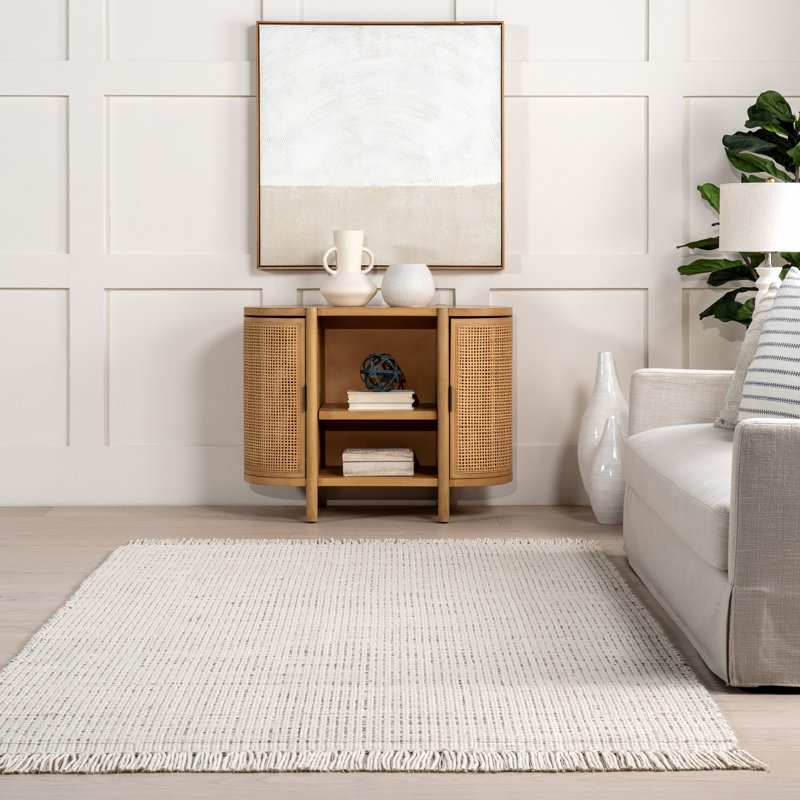Handmade Ivory Wool Rectangular Area Rug with Fringe