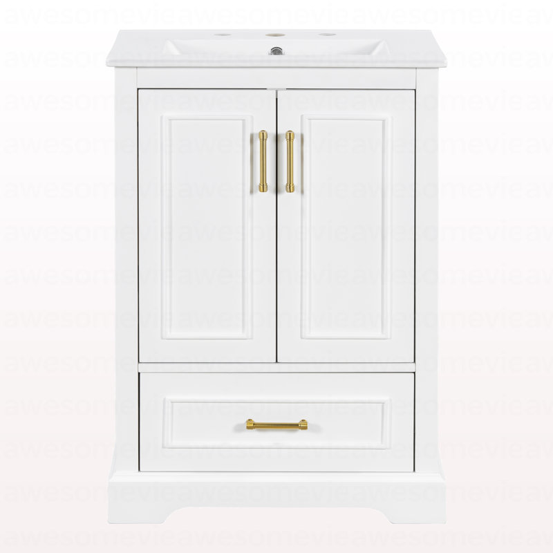 Meuble-lavabo 24 po avec lavabo, armoire en panneau de fibres à densité moyenne avec cadre en bois massif, 1 tiroir divisé et 2 portes à fermeture douce avec double tablette sur la porte, meuble-lavabo autoportant