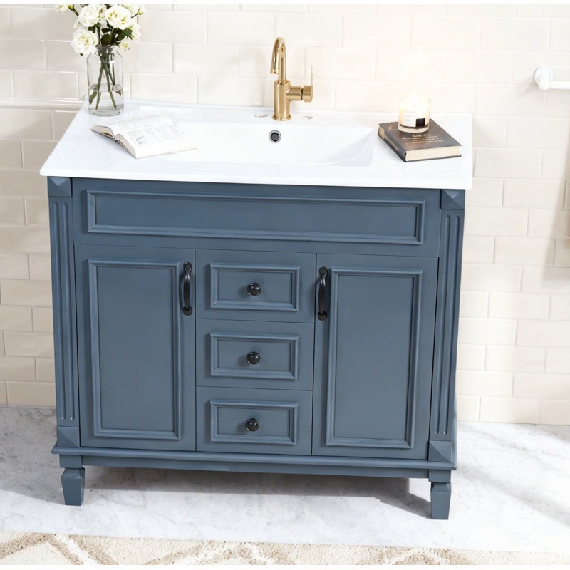 Meuble-lavabo 36 po avec lavabo supérieur, armoire de rangement moderne avec 2 portes à fermeture douce et 2 tiroirs, meuble-lavabo simple