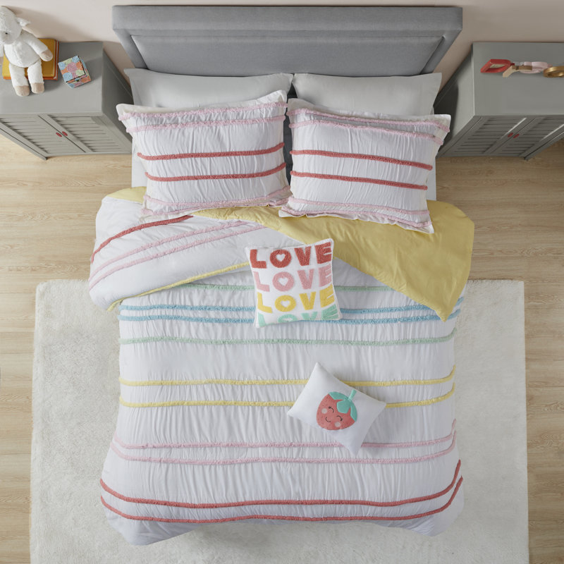 Ensemble de housse de couette Haisley, Housse de couette simple + 1 taie décorative + 2, Rose