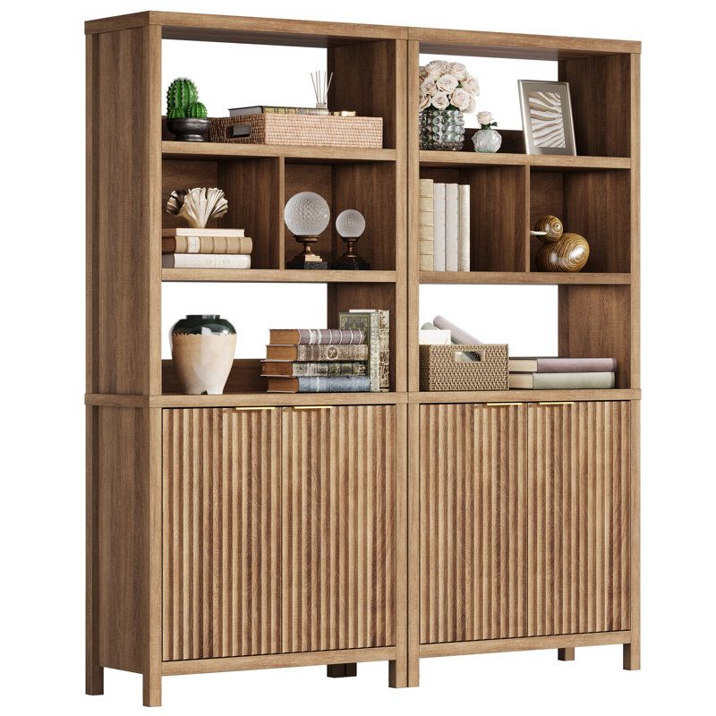 71" Tall Book Shelf With Cabinet 5 Tier Fluted Bookcase With Doors, Set of 2