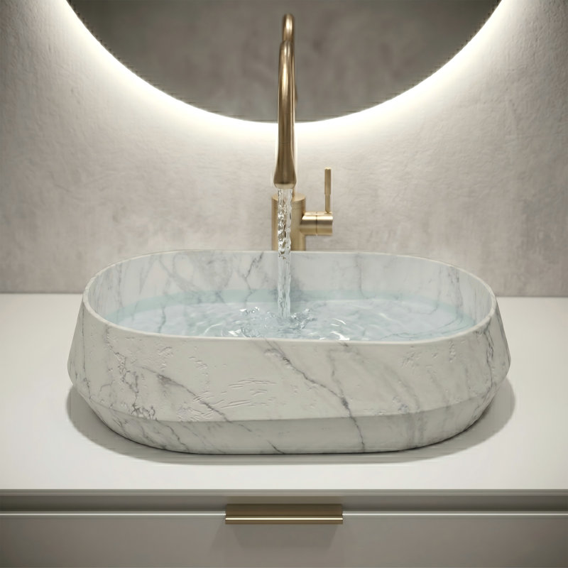 22'' Solid Surface Oval Vessel Sink With Carrara-Pattern And Geometric Outer Walls