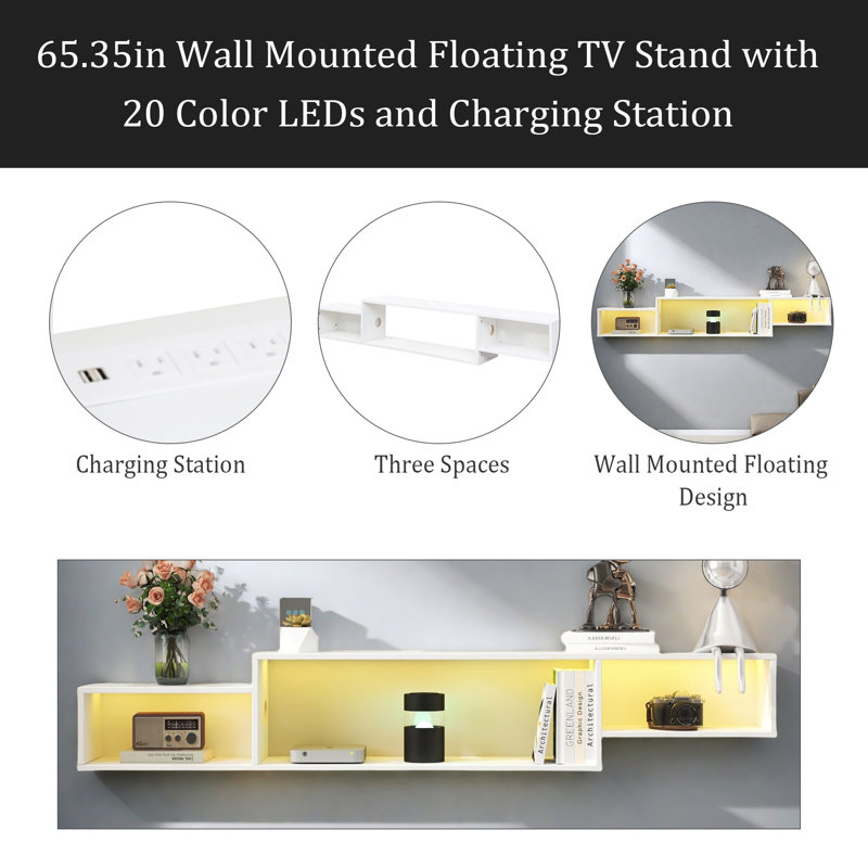 Meuble télé flottant mural 65,35 po avec 20 DEL de couleur et station de charge, Blanc
