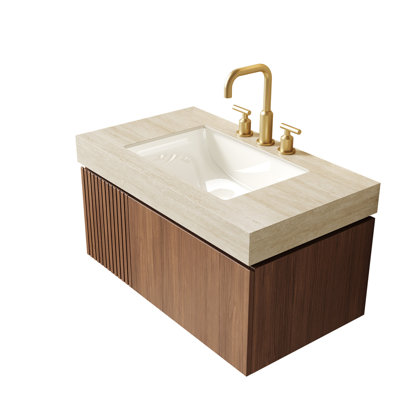 -pattern 36" Sintered Stone Countertop And Undermount Ceramic Basin, Three Pre-drilled Faucet Holes, Superior Water Resistance, Beige Main Color, 35.68 In Product Depth, 18.78 Width, 8.46 Height,