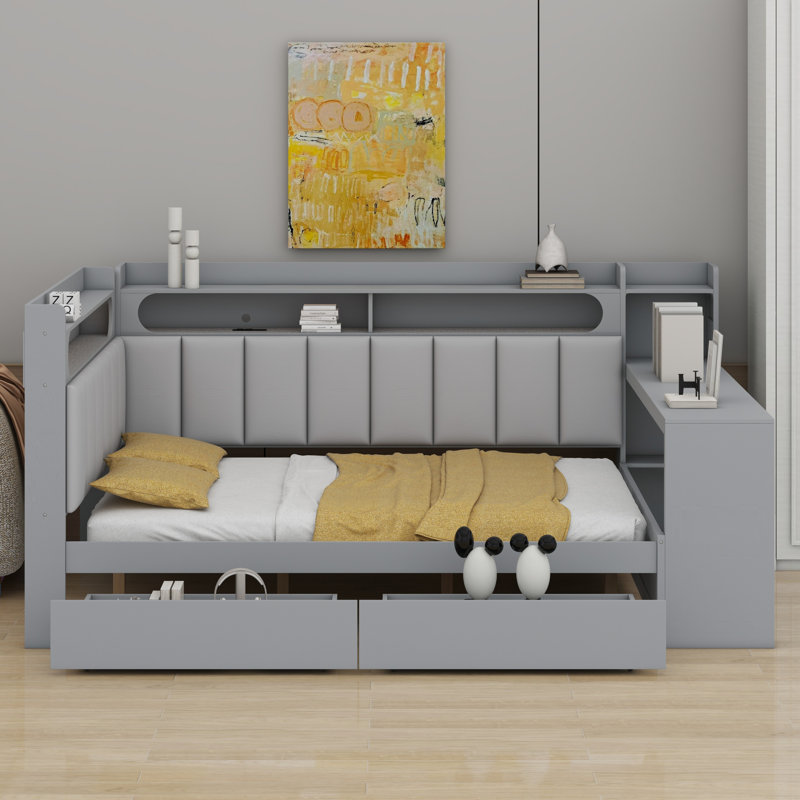 Lit de jour avec tablettes de rangement, tiroirs, station de charge, lumière DEL, bureau et tête et dossier rembourrés, Gris