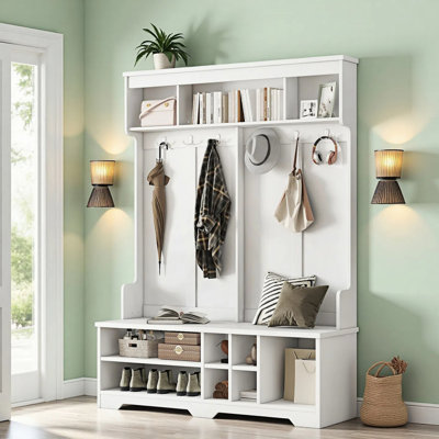 Hall Tree With Bench And Shoe Storage, 4-In-1 Mudroom Storage Organizer With Coat Rack, 6 Hooks, Open Storage Shelf by Lark Manor
