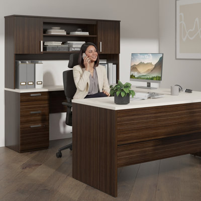 65-inch U Shaped Desk with Drawers, Hutch, and Keyboard Tray in White Chocolate