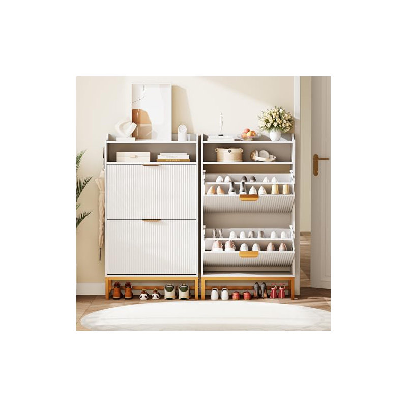 Shoe Cabinet with 2 Flip Drawers, Freestanding Narrow Shoe Storage Organizer for Entryway, White