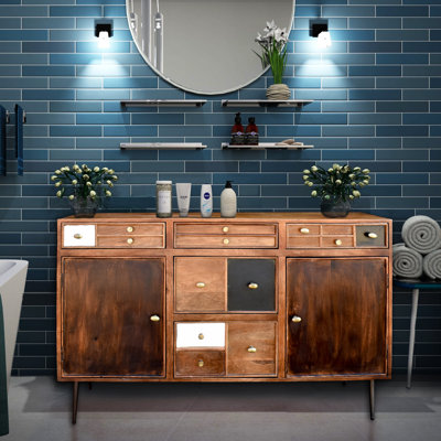 Armoire à linge en bois de manguier avec 5 tiroirs et 2 portes Tawa