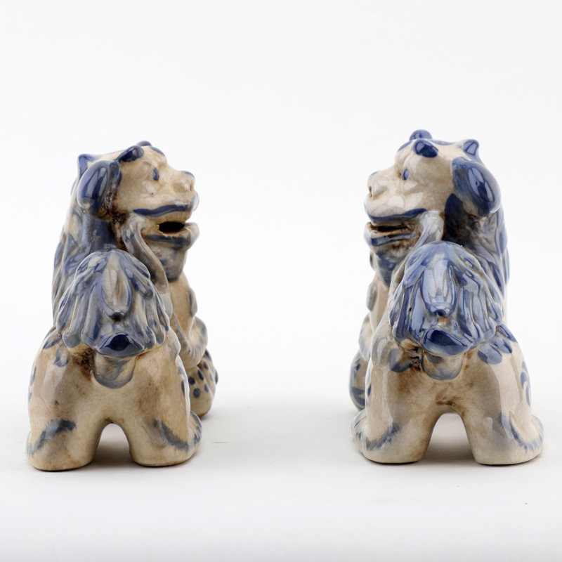 Small Pair of Lucky Foo Dog Figurine, 5.5" H x 7" W x 3.5" D, Blue/Cream