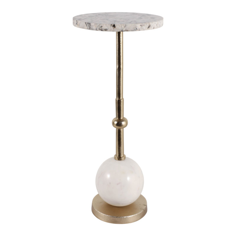 Table d'appoint ronde en métal avec piètement sphérique moderne, idéale pour le bureau ou un coin lecture - Table d'appoint étroite et contemporaine pour le salon - 63,5 cm, or et blanc