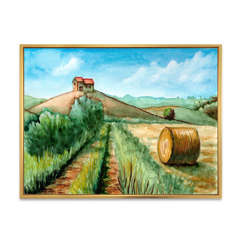 Paysage de récolte champêtre - Peinture sur toile, H 30 po x l 40 po, Cadre flottant doré