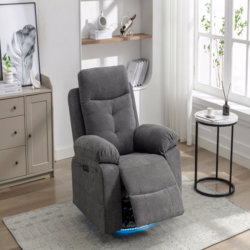 Fauteuil oscillant électrique avec fonction inclinable avec haut-parleur Bluetooth Pivote de 270 degrés avec bras latéral à lumière DEL avec poches de rangement escamotables USB + port de charge de type C Repose-pieds escamotable réglable