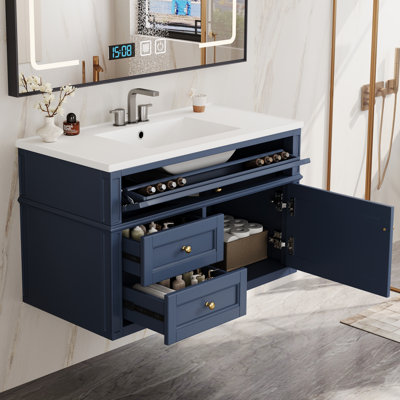 Meuble-lavabo mural avec 2 tiroirs, tiroir basculant et lavabo simple en céramique pour des solutions de rangement modernes