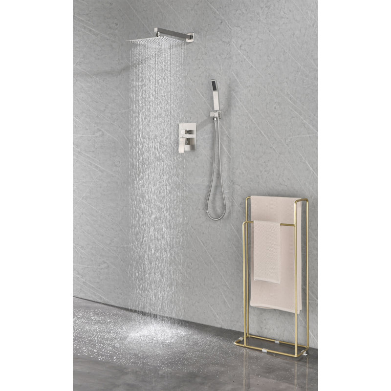 Système de douche avec pomme de douche, douche à main, boyau, garniture de valve, poignées à levier et niche, Nickel brossé