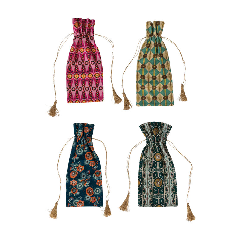 Artisan Cotton And Linen Patterned Wine Bags With Tassels