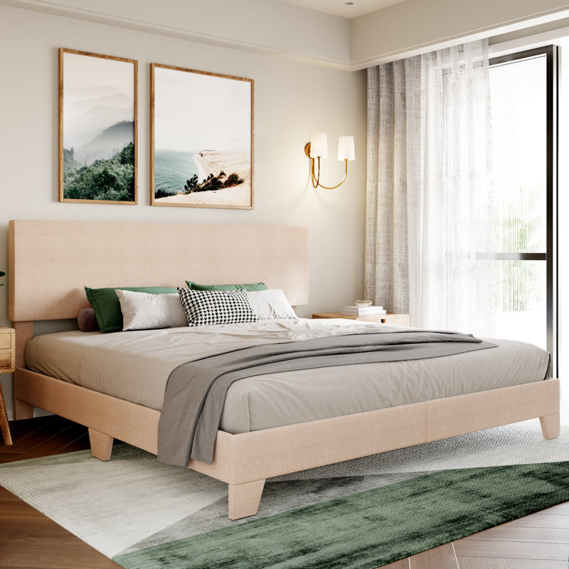 Lit plateforme simple tapissier Avel, Très grand, Lin beige