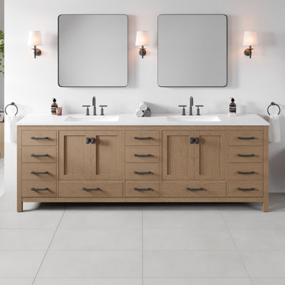 Aberdeen 96 in. Oak Double Sink Bath Vanity with Carrara Quartz Top and Undermount Porcelain Sinks
