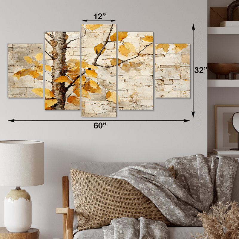 Ensemble d'art mural en bois de bouleau beige et jaune