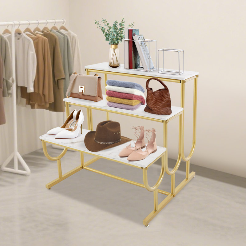 31.5" 3-Tier Stepped Retail Display Stand, White Faux Marble and Gold Metal Boutique Shoe Rack