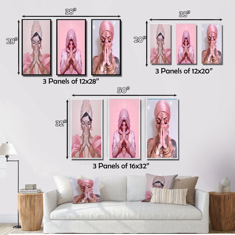 «Namaste Mudra Retro Pink Glam Woman», ensemble de 3 pièces d'art indouisme, Cadre flottant doré, H 20 po x l 36 po