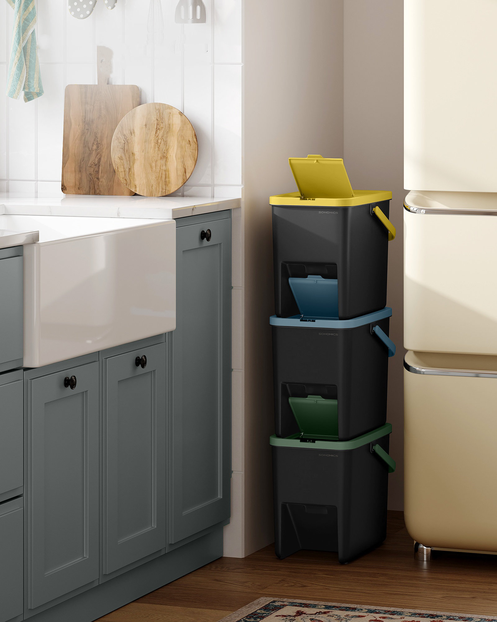 LEDREM Recycling Bins For Kitchen, Set Of 3 Stackable Trash Bins, 20 L ...