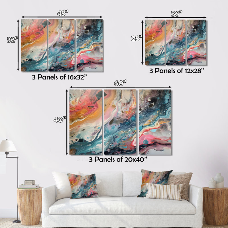 Teal rose marbré fantaisie II - 3 pièces sur toile tendue, H 28 po x l 36 po x P 1 po