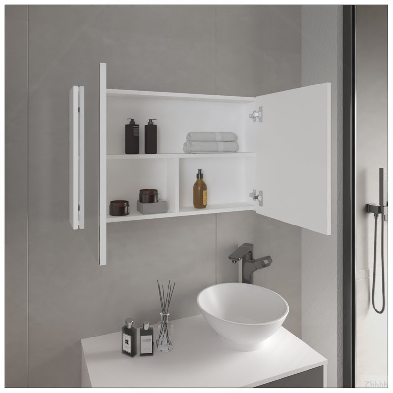 Bouti 19.7" H X 31.5" W Double Door Mirror Medicine Cabinet, Three Interior Shelves For Bathroom, Kitchen White, Blanc