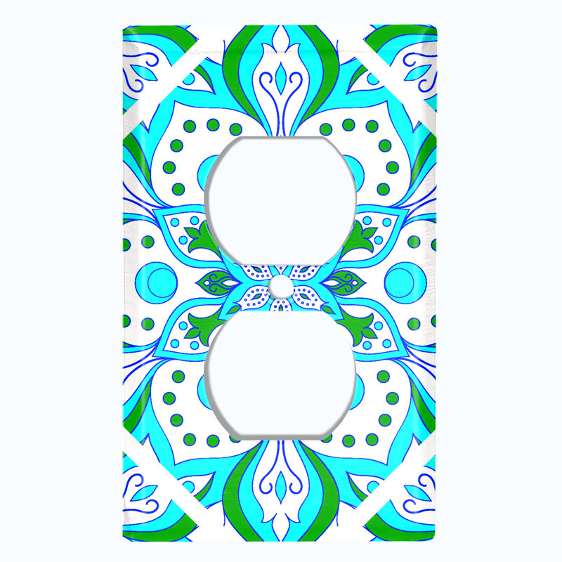 Metal Light Switch Plate Outlet Cover (Teal Green Elegant Mandala Flowers Tile   - Single Duplex)