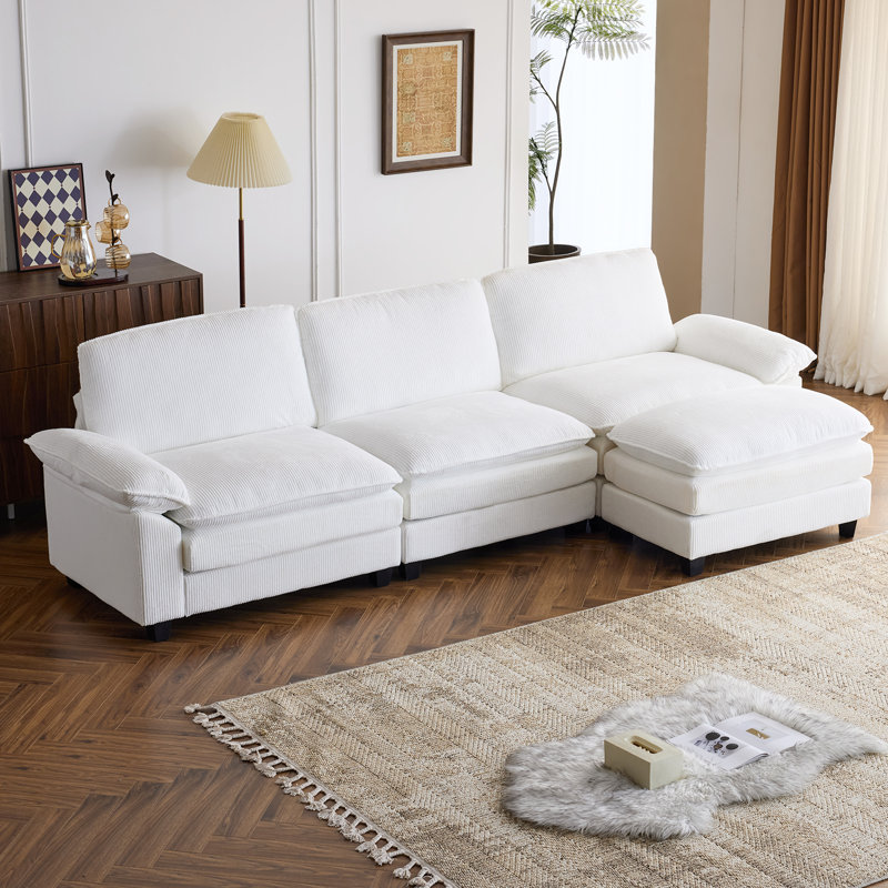 Corduroy Double Cushion Sectionals With One Ottoman, Cream Corduroy