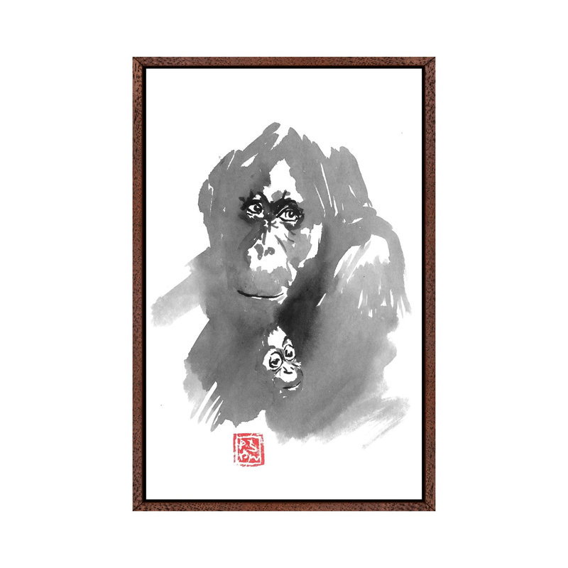 Gorilla Family by Péchane - Print on Canvas, Classic Brown Wood Framed, 66.04 cm H x 45.72 cm W