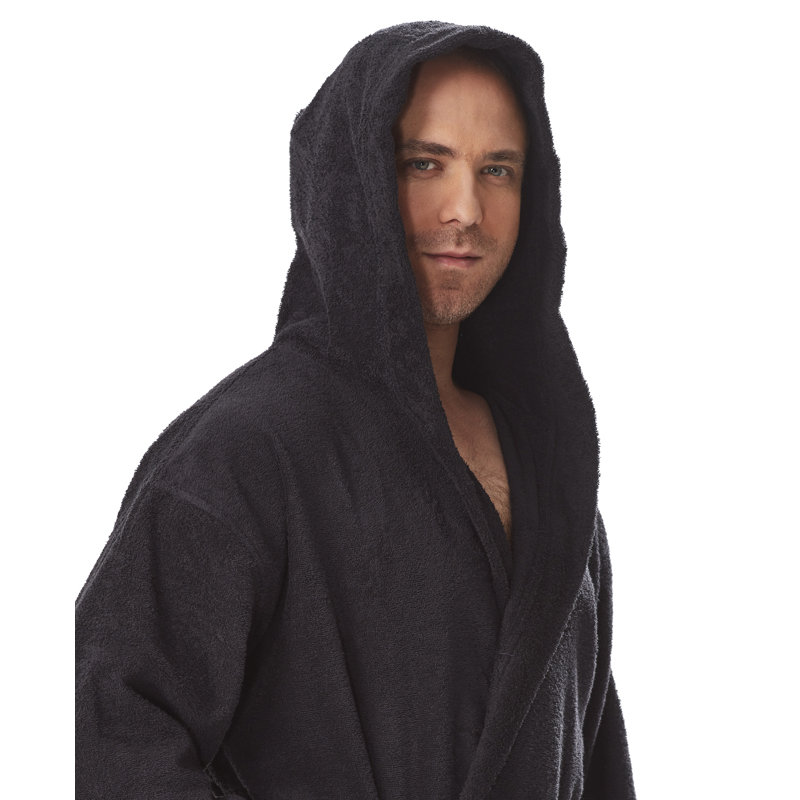 Peignoir mi-mollet 100% coton avec poches et capuche Clyda, Très très grand, Noir