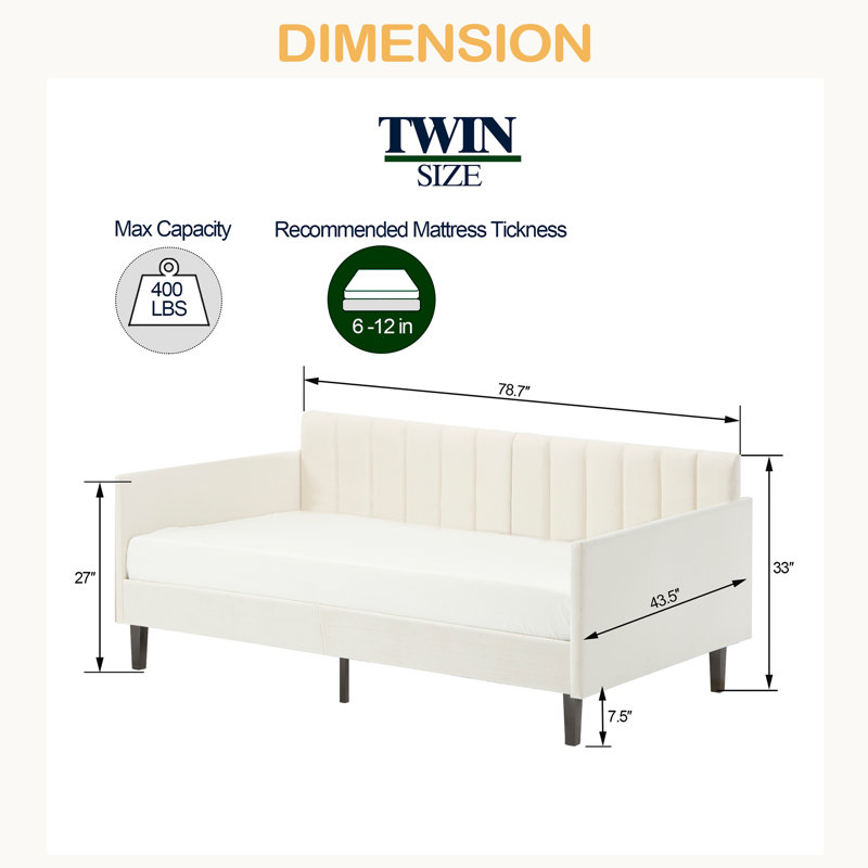 Twin Size Upholstered Daybed, Ribbed Tufted Backrest, Daybed In Lavish Modern Design, Richly Hued Foam Comfort, Beige