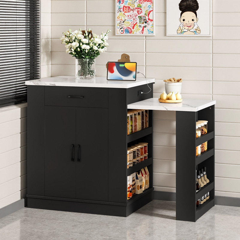 Extendable Kitchen Island with Storage - Expandable Countertop, 2 Cabinets & Shelves - Black, Black