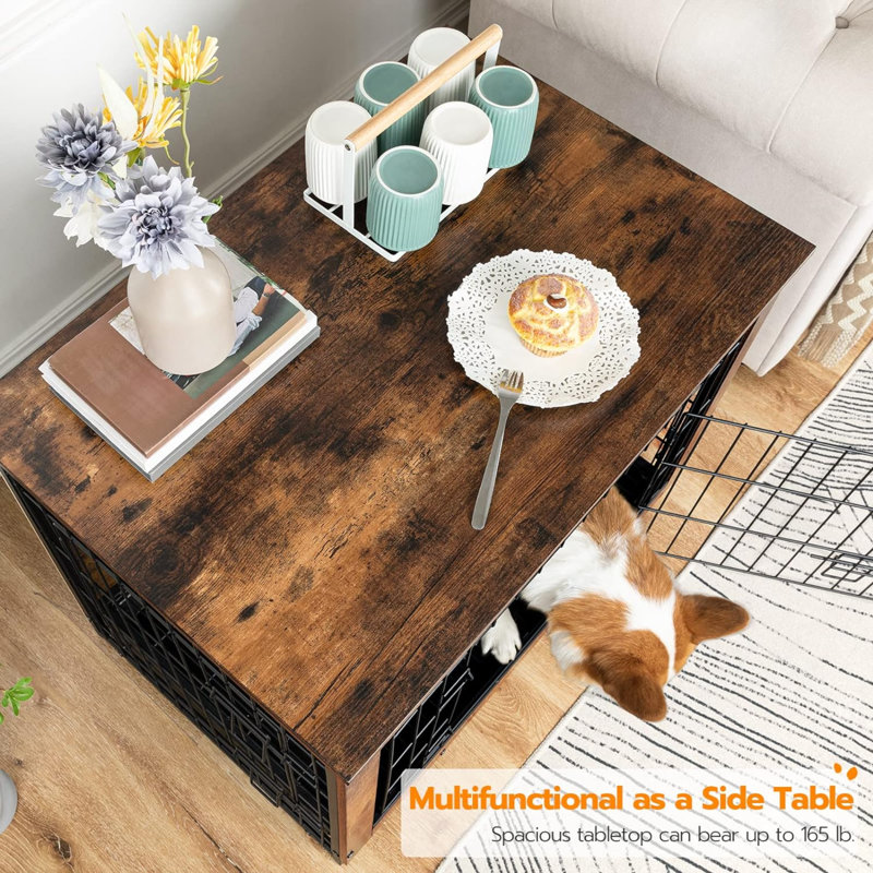 Medium Brown Wooden Dog Crate Table with Metal Bars