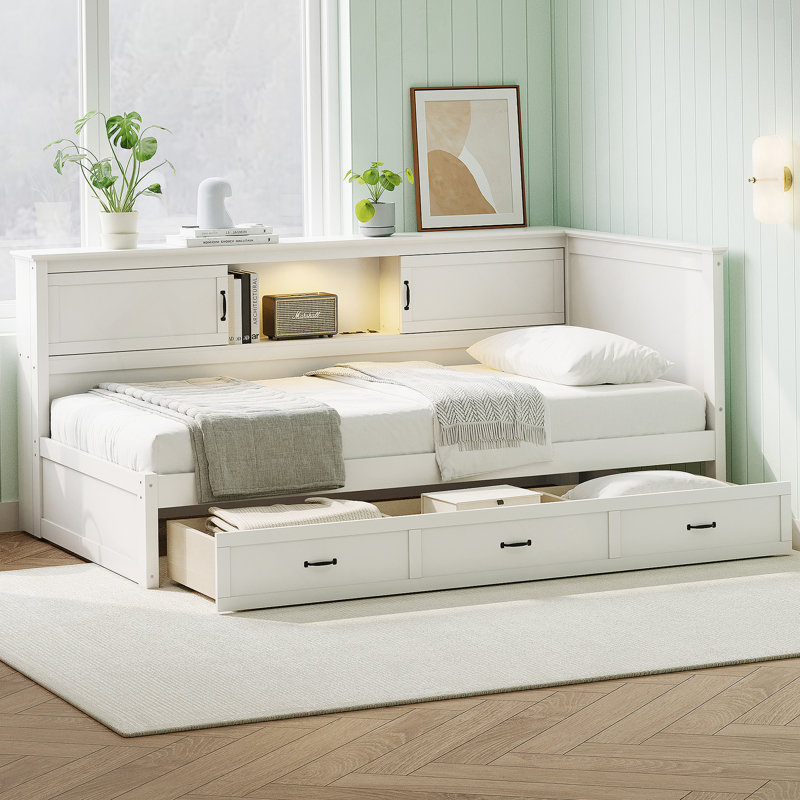 L-Shaped Bed Frame with Drawer and and Bookcase,Corner Bed Wooden Captain Bed, Full/Double